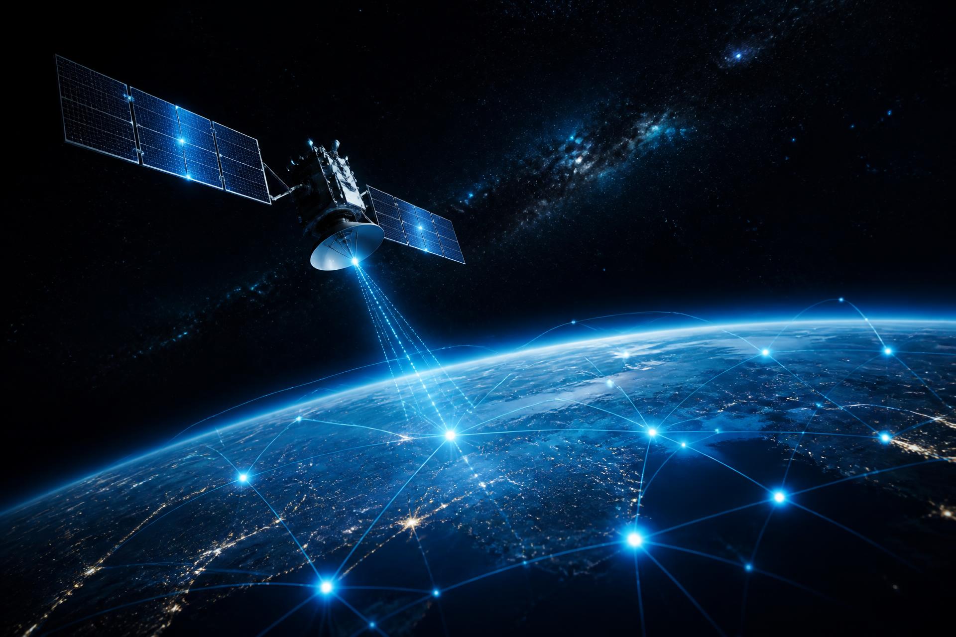 Satélite em órbita conectando a Terra com uma rede digital global